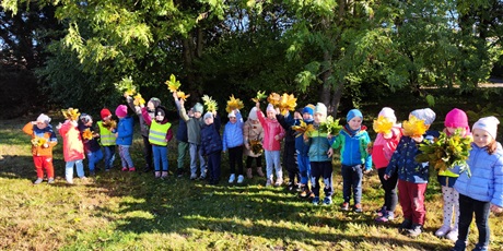 Grupa dzieci, chłopcy i dziewczynki, stoją w półkolu na zewnątrz, każde z dzieci trzyma bukiet z jesiennych, kolorowych liści. Dzieci są ubrane w kurtki i czapki.